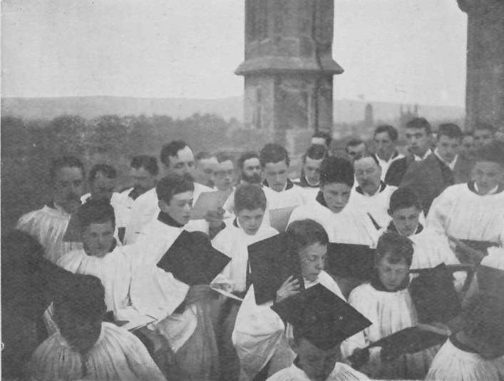 "MAY MORNING": THE CHOIR ON THE TOWER.